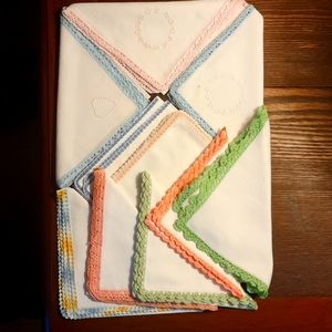 10 Vintage Crochet Edged Linen Napkins